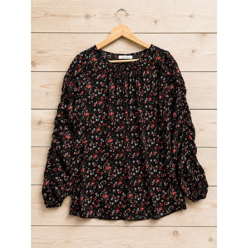 Max Studio Women's Floral Peasant Blouse Black Long Sleeve Boho Size Large